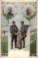 1916 WWI German and Austro-Hungarian K.u.K. military art postcard, Viribus Unitis propaganda with Wilhelm II, Franz Joseph I of Austria, soldiers. LP. 1591. (EK)