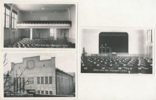 Nagyszombat, Tyrnau, Trnava; Sien Mar. kongregácií v Trnave, Javisko siene, Balkon slene / templom és belső terem - 3 db régi fotó képeslap / church and interiors - 3 pre-1945 photo postcards