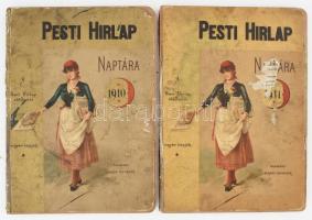 1910-1911 A Pesti Hírlap naptára az 1910. és 1911. közönséges évre. Huszadik és huszonegyedik évfolyam. Bp., Légrády-ny. Korabeli reklámokkal. Érdekes írásokkal, benne a kor híreivel. Izgalmas fekete-fehér képanyaggal illusztrált. Kiadói papírkötések, kopott, foltos borítóval, sérült hiányos gerincekkel, de belül jó állapotban.