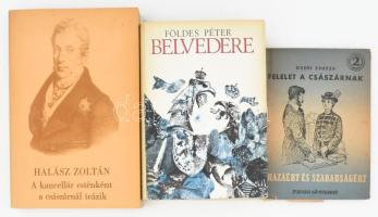 3 darab császári udvarral kapcsolatos szépirodalmi mű: Halász Zoltán: A kancellár esténként a császárnál teázik. Bp., 1980, Magvető, papírkötés + Osvát Zsuzsa: Felelet a császárnak. Hazáért és szabadságért. Bp., 1952, Ifjúsági, kissé kopott papírkötés + Földes Péter: Belvedere. Bp., 1978, Kossuth, kissé barnult egészvászon kötés, papír védőborítóval.