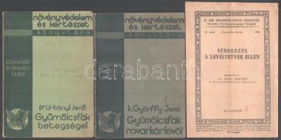 3 db kertészeti könyv - Dr. Urbányi Jenő: Gyümölcsfák betegsége + K. Györffy Jenő: Gyümölcsfák rovarkártevői + Dr. Aczél Márton: Védekezés a levéltetvek ellen. Kiadói papírkötés, jó állapotban.