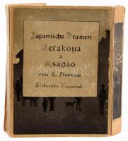 Florenz, Karl: Japanische Dramen. Terakoya und Asagao. Übertragen von - - . Leipzig, é.n. (cca 1900-1910), C. F. Amelang. Szövegközti és egészoldalas, színes illusztrációkkal (T. Hasegawa munkái). Német nyelven. Japán selyemhatású papíron, selyemfonallal fűzve, megkímélt, jó állapotban. Eredeti, kissé kopott, illusztrált kiadói kartontokban. A könyv a Meiji korszak két népszerű drámájának legelső európai nyelvre lefordított változata. Rendkívül ritka!