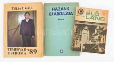 Vegyes könyvtétel, részben a a romániai rendszerváltásra vonatkozóak, 3 db:   Tőkés László: Temesvár ostroma 1989. Bp., 1990., Hungamer. Kiadói egészvászon-kötés, kiadói papír védőborítóban.;   Élő láng. Bukarest, 1990., Romániai Magyar Szó. Kiadói papírkötés.;   Hazánk új arculata. Történelmi évtizedek krónikájából. Bp., 1986., Kriterion. Kiadói papírkötés.;