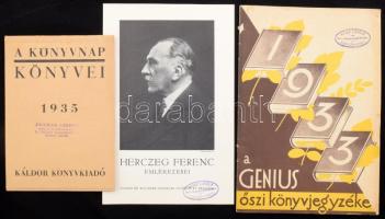 1933-1935, 3 darab könyvjegyzék a Káldor, Singer és Wolfner, Genius kiadóktól, papírkötésben.