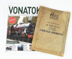 Ganz Mávag A DVM8 jellegű mozdony 16 VFE 17/24 egyfeltöltős típusú motorjának szabályozó berendezése. Bp., 1967 Ganz, sérült papírkötés + Vonatok. A vasúti közlekedés története. Szerk.: Széll Szilvia. Bookazine. Bp., 2018, Kossuth. Gazdag képanyaggal illusztrálva. Kiadói hullámos papírkötés.