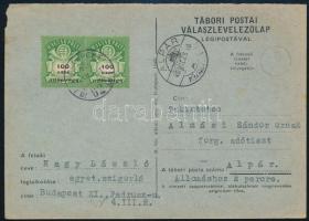 1946 (27. díjszabás) Levelezőlap 2 x 100 ezer AP bérmentesítéssel "BUDAPEST" - "ALPÁR"