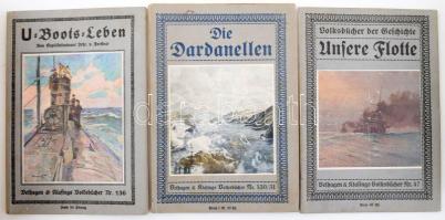 3 db német haditengerészettel kapcsolatos füzet: Unsere Flotte.; Die Dardanellen.; U-Boots-Leben. Velhagen & Klasings Volksbücher Nr. 47., 130/31., 136. Bielefeld-Leizpig, é.n. (cca 1910-1915), Velhagen & Klasing. Fekete-fehér és színes képekkel illusztrálva. Német nyelven. Kiadói papírkötés, vegyes állapotban.