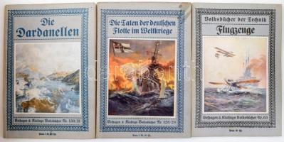 3 db német haditengerészettel, ill. repüléssel kapcsolatos füzet: Flugzeuge.; Die Taten der deutschen Flotte im Weltkriege.; Die Dardanellen. Velhagen & Klasings Volksbücher Nr. 63., 128/29., 130/31. Bielefeld-Leizpig, é.n. (cca 1910-1915), Velhagen & Klasing. Fekete-fehér és színes képekkel illusztrálva. Német nyelven. Kiadói papírkötés, vegyes állapotban.