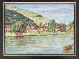 Molnár József (1922-2014): Tokaj (Tisza), 1986. Olaj, farost. Jelezve jobbra lent. Hátoldalán autográf felirattal. Fakeretben. 40x55 cm