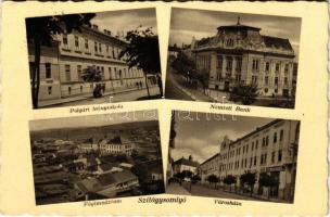 1940 Szilágysomlyó, Simleu Silvaniei; Polgári leányiskola, Nemzeti Bank, Főgimnázium, Városháza, Gidáli üzlete. Burkos Foto / girls school, bank, high school, town hall, shops (EK)