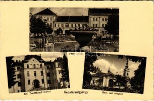 Sepsiszentgyörgy, Sfantu Gheorghe; Fő tér, Református tanítóképző intézet, Római katolikus templom / main square, Calvinist teachers training institute, church