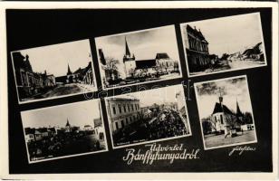 Bánffyhunyad, Huedin; Református templom, főtér, Kossuth Lajos utca, országzászló, Szálloda a Tigrishez, piac / Calvinist church, main square, street, hotel, market, Hungarian flag