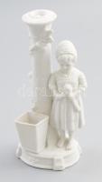 Antik német kislány figurás gyertyatartó, biszkvit porcelán, fém szereléke nélkül, m: 18 cm