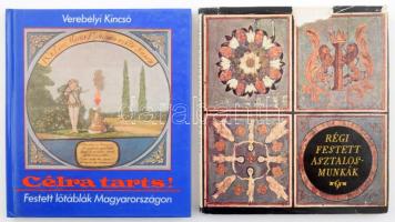 R. Tombor Ilona: Régi festett asztalosmunkák a XV - XIX. században. Bp., 1967, Corvina. Gazdag fekete-fehér és színes képanyaggal illusztrált. Kiadói egészvászon kötésben, javított, kissé hiányos kiadói papír védőborítóban. Megjelent 1750 példányban. +   Verebélyi Kincső: Célra tarts! Festett lőtáblák Magyarországon. Bp., 1988, Corvina. Gazdag fekete-fehér és színes képanyaggal illusztrált. Kiadói kartonált papírkötés.