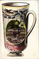 Karlovy Vary, Karlsbad; Felsenquelle. Gruss aus / Montage with glass, embossed