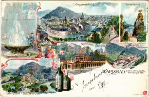 Karlovy Vary, Karlsbad; Hirschensprung, Sprudel, Giesshübl Sauerbrunn, Mühlbrunnen Colonnade, Porzellanfabrik Pirkenhammer / Kyselka, fountain, porcelain factory. Th. Wendisch Art Nouveau, floral, litho