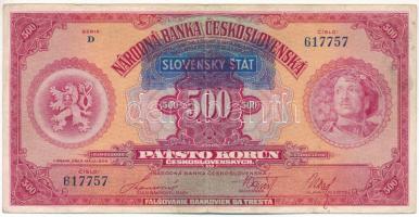 Szlovákia DN (1939) 500K kék "SLOVENSKY STAT" felülbélyegzéssel T:F Slovakia ND (1939) 500 Korun with blue "SLOVENSKY STAT" overprint C:F Krause P# 2