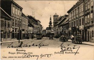 1902 Pozsony, Pressburg, Bratislava; Frigyes főherceg utca, villamos, Tafelmayer és Weischek szikvízgyár lovaskocsija. Verlag Bediene dich allein / Erzherzog Friedrichstrasse / street, tram, shops, horse-drawn carriage (fl)