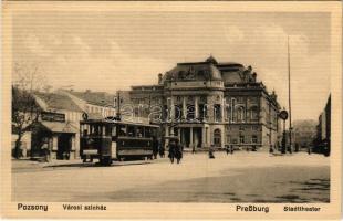 Pozsony, Pressburg, Bratislava; Városi színház, villamos. Kaufmann kiadása / Stadttheater / theatre, tram