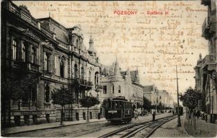 1910 Pozsony, Pressburg, Bratislava; Stefánia út, villamos / street, tram (fl)