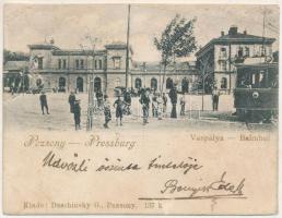 1901 Pozsony, Pressburg, Bratislava; Vaspálya, vasútállomás, villamos. Duschinsky G. / Bahnhof / railway station, tram. mini card (9 x 6,9 cm) (r)