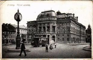 1916 Pozsony, Pressburg, Bratislava; Városi színház, villamos / theatre, tram (kopott sarkak / worn corners)