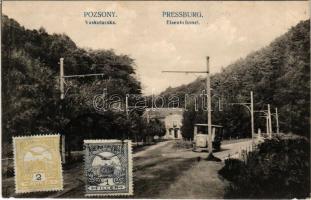 Pozsony, Pressburg, Bratislava; Vaskutacska, korai trolibusz. Kaufmann kiadása / Eisenbrünnel (Eisenbründl) / Zelezná Studienka / spa with early trolleybus (EK)