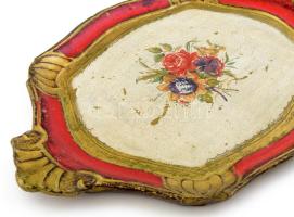 Régi ovális fa tálca, XIX sz. festett virágos mintával, korának megfelelő állapotban, 44x27 cm