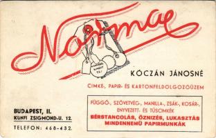 Norma kannából kimért tej. Kóczán Jánosné címke-, papír- és kartonfeldolgozó üzem reklám. Budapest, Kunfi Zsigmond u. 12. (ma Frankel Leó) / Hungarian label, paper and cardboard processing plant's advertisement (r)