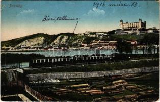 1916 Pozsony, Pressburg, Bratislava; Pozsony-Bécs villamos vasút, vonat, vár / Pressburg-Wien electr. Bahn. / Bratislava-Vienna urban railway, tram, tramways, train, castle (r)