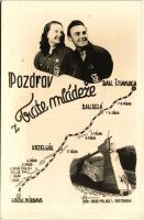 Selmecbánya, Banská Stiavnica; Pozdrav z Trate mládeze! / Csehszlovák kommunista propaganda, vasútépítés Selmecbánya és Felsőbesenyő között / Czechoslovak Union of Youth (CSM) communist propaganda, railway line construction from Banská Stiavnica to Hronská Dúbrava. Foto S. Protopopov (EK)