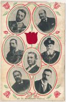 Az új (második) Wekerle-kormány tagjai: Wekerle Sándor, Ifj. Andrássy Gyula, Polónyi Géza, Kossuth Ferenc, Apponyi Albert, Josipovich Géza, Zichy Aladár. tulipános, hazafias dombornyomott selyemlap / Hungarian Goverment of 1906. Embossed, patriotic tulips, silk card (EM)