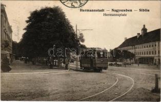 1915 Nagyszeben, Hermannstadt, Sibiu; Hermannsplatz / Hermann tér, laktanya, villamos. J. Bein kiadása / square, tram, K.u.K. military barracks (Rb)