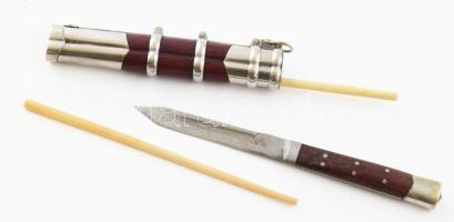 Antik kínai autentikus evőeszköz készlet: bicska és evőpálcika pár, Kína, XX. sz., h: 18,5 cm
