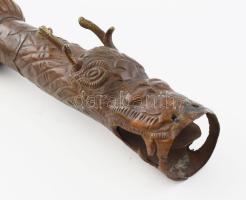 Mongol cam tánc hangszer: sárkányfejes réz trombita. cca 1900, Mongólia, h: 41 cm