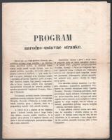 1871 Horvát nyelvű politikai programirat a Nemzeti Alkotmánypárt Központi Bizottságától a magyar-horvát perszonálunió mellett érvelve. 6 p / Political program document in Croatian from the Central Committee of the National Constitutional Party arguing in favor of the Hungarian-Croatian personal union.