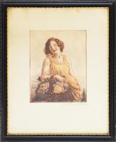 Prihoda István (1891-1965): Lány virágkosárral. Színezett rézkarc, papír, üvegezett fakeretben, 25×2...