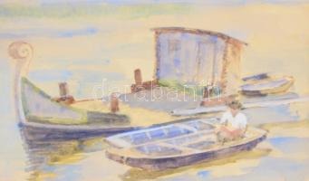 Staub Ferenc (1909-1992): Bárka (Dunai részlet). Akvarell, papír, jelzett. 36x26 cm Üvegezett keretb...
