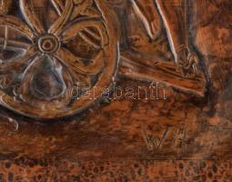 W H. jelzéssel: Harci szekér. Réz domborítás fali kép. 47x70 cm