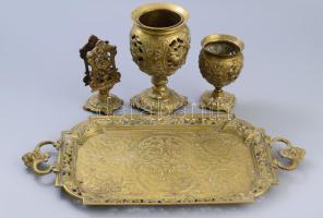 cca 19. sz. vége, Szecessziós bronz asztali szett, tálca, gyufatartó, gyertyatartó, tálca 40x21 cm