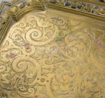 cca 19. sz. vége, Szecessziós bronz asztali szett, tálca, gyufatartó, gyertyatartó, tálca 40x21 cm