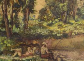 Hermann Lipót (1884-1972): Horgászat az erdő mélyén. Olaj, vászon. Jelezve balra lent. Sérült fakere...
