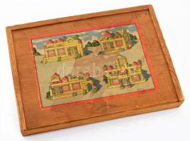 Antik feltehetően francia építőjáték, dobozában, 18x25 cm