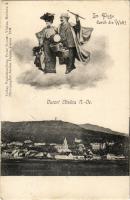 Bad Vöslau. Im Fluge durch die Welt! Verlag papierhandlung Franz Rosner, Atelier Helios 1905. / Art Nouveau montage with flying couple (fa)