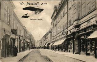 1918 Wiener Neustadt, Bécsújhely; Wienerstrasse, Münchengrätzer Schuh Fabrik, Posthof Bazar, Alfed Tauber / street, shops. Montage with aircraft