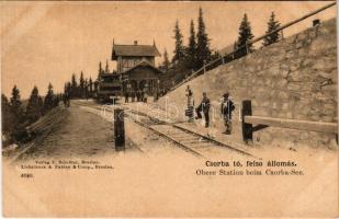 Tátra, Magas-Tátra, Vysoké Tatry; Csorba-tó, fogaskerekű vasút felső állomása, vonat. Verlag C. Schröter. Lichtdruck A. Fabian & Comp. / Obere Station beim Csorba-See / Strbské pleso / cogwheel railway station, train (EK)