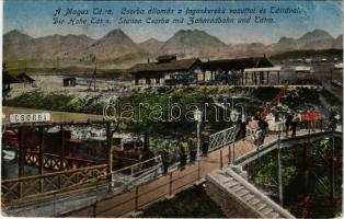 Tátra, Magas-Tátra, Vysoké Tatry; Csorba fogaskerekű vasútállomás, vonat, gőzmozdony / Station Csorba mit Zahnradbahn und Tátra / cogwheel railway station, train, locomotive (ragasztónyom / glue marks)