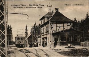 1917 Tátraszéplak, Tatranska Polianka, Westerheim (Magas-Tátra, Vysoké Tatry); Villamos vasútállomás Poprád felé / tramway station, tram (ázott / wet damage)