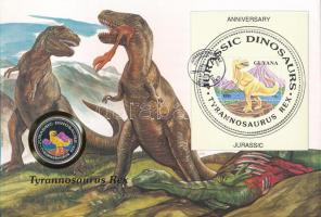 Egyenlítői-Guinea 1993. 1000Fr Cu-Ni "Tyrannosaurus Rex" felbélyegzett borítékban, bélyegzéssel, német nyelvű leírással T:UNC Equatorial Guines 1993. 1000 Francos Cu-Ni "Tyrannosaurus Rex" in envelope with stamp and cancellation, with German description C:UNC Krause KM#83