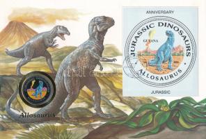 Egyenlítői-Guinea 1993. 1000Fr Cu-Ni &quot;Allosaurus&quot; felbélyegzett borítékban, bélyegzéssel, német nyelvű leírással T:UNC Equatorial Guines 1993. 1000 Francos Cu-Ni &quot;Allosaurus&quot; in envelope with stamp and cancellation, with German description C:UNC Krause KM#87